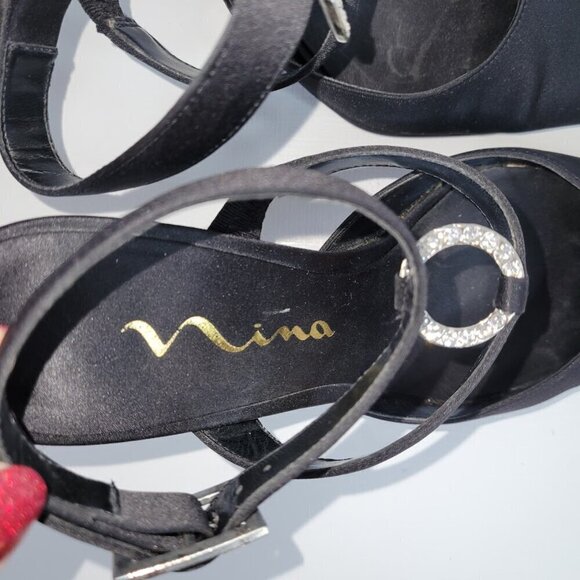 Nina Black Sateen Ankle Strap Heels W/Rhinestone Embellishment Women's Size 6.5 - Picture 12 of 13